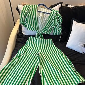 Linen Green and White Striped pant set